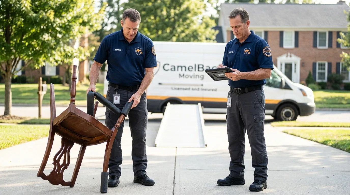 Movers inspecting furniture for damage prevention before loading in Spruce Pine, NC