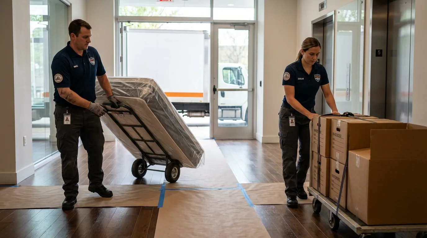 Professional apartment movers loading elevator in Spruce Pine, NC